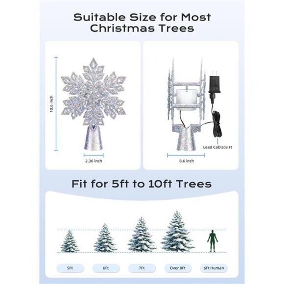 Christmas Tree Topper with Built-in 3D Glitter Led Snowflake 10-inch - Picture 6 of 8